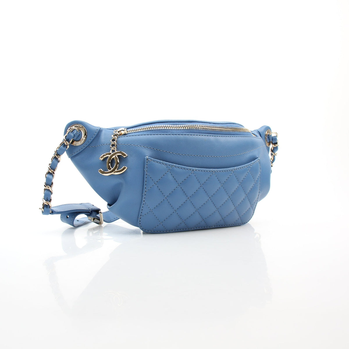 Blue lambskin leather bi-quilted classic waist bag by Chanel, shown front-facing with gold-tone hardware