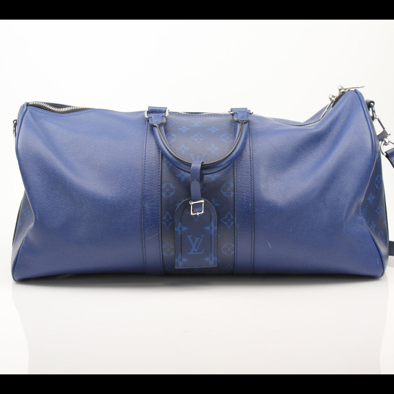 Louis Vuitton Blue Keepall 50 bandoulière duffle bag, a stylish travel bag with leather details by Gold & Beyond.