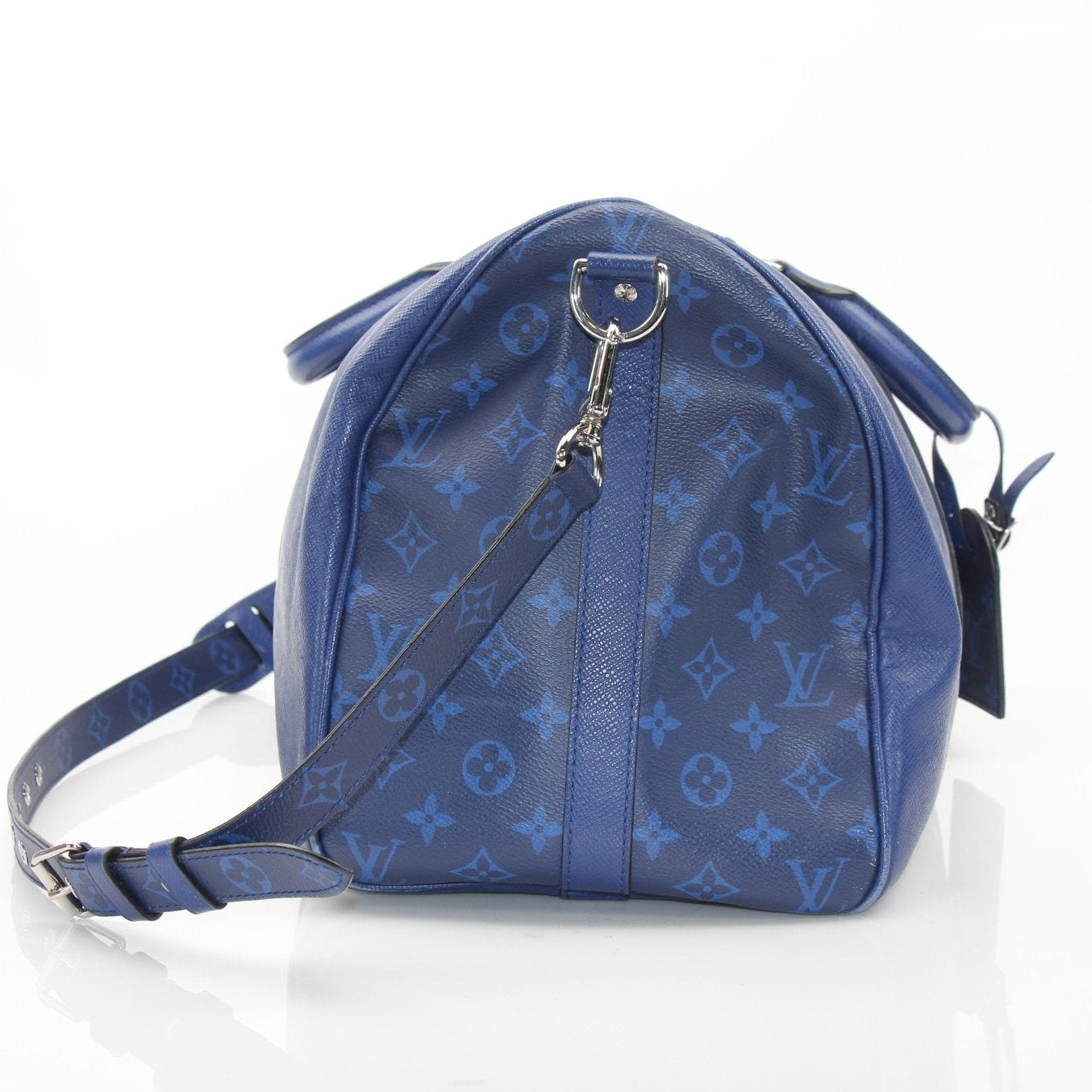 Louis Vuitton Blue Keepall 50 Bandoulière duffle bag for travel, featuring leather handles and adjustable shoulder strap.