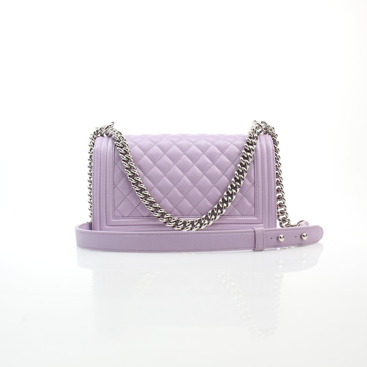 Chanel lilac caviar leather medium Boy flap handbag with quilted finish and chain strap