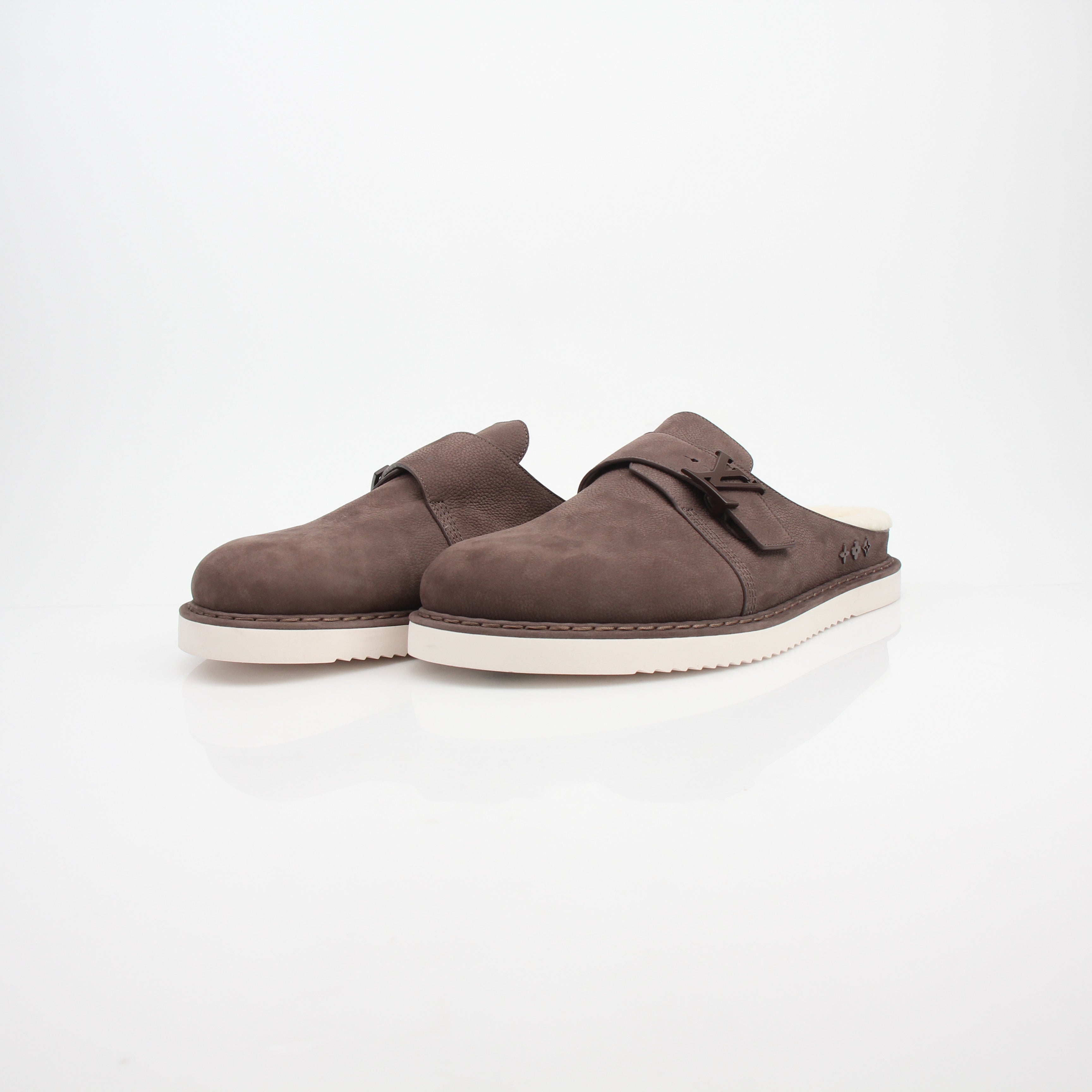 Louis Vuitton Brown Suede LV Buckle Mules
