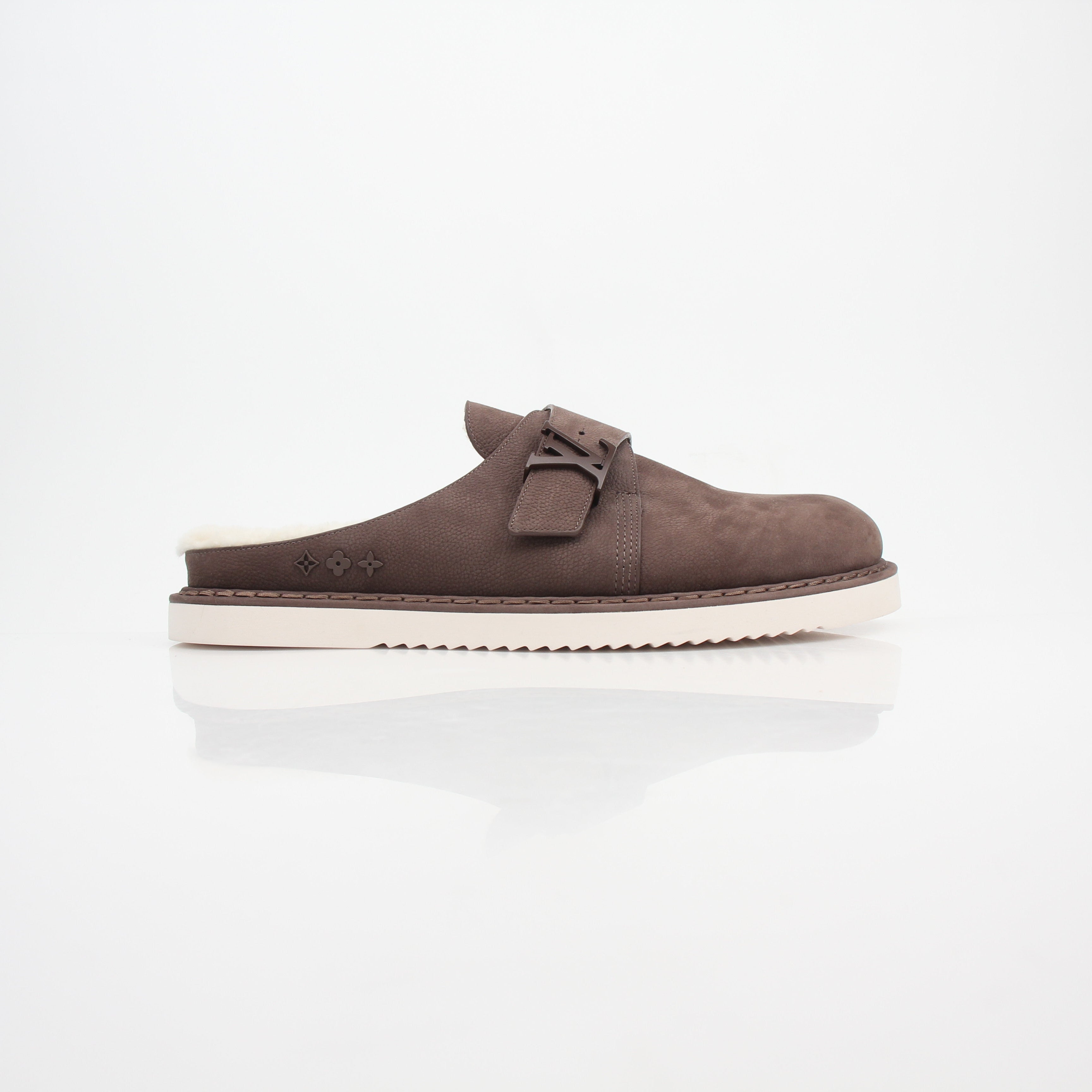 Louis Vuitton Brown Suede LV Buckle Mules