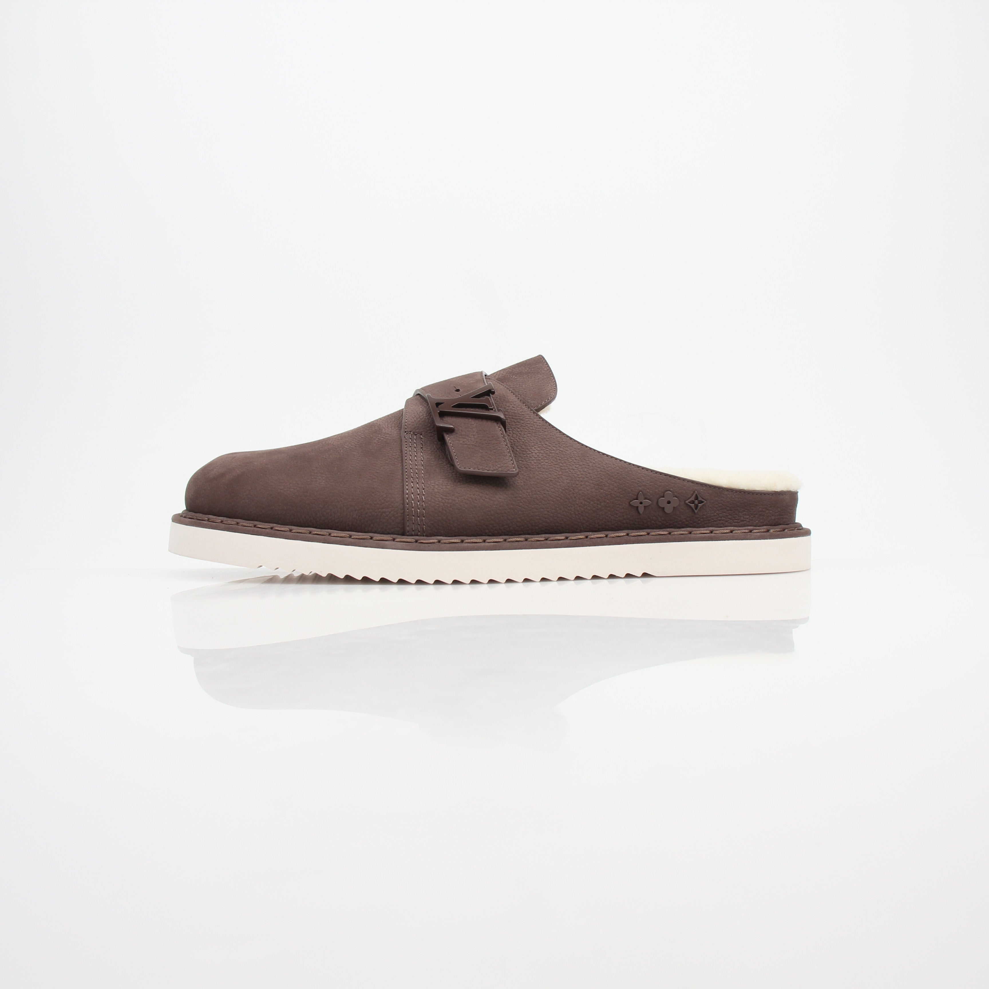Louis Vuitton Brown Suede LV Buckle Mules