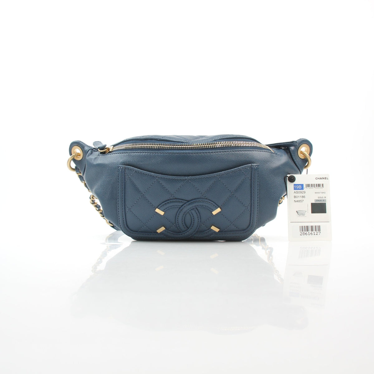 Blue caviar leather Chanel CC Filigree waist bag with quilted finish and gold-tone CC logo