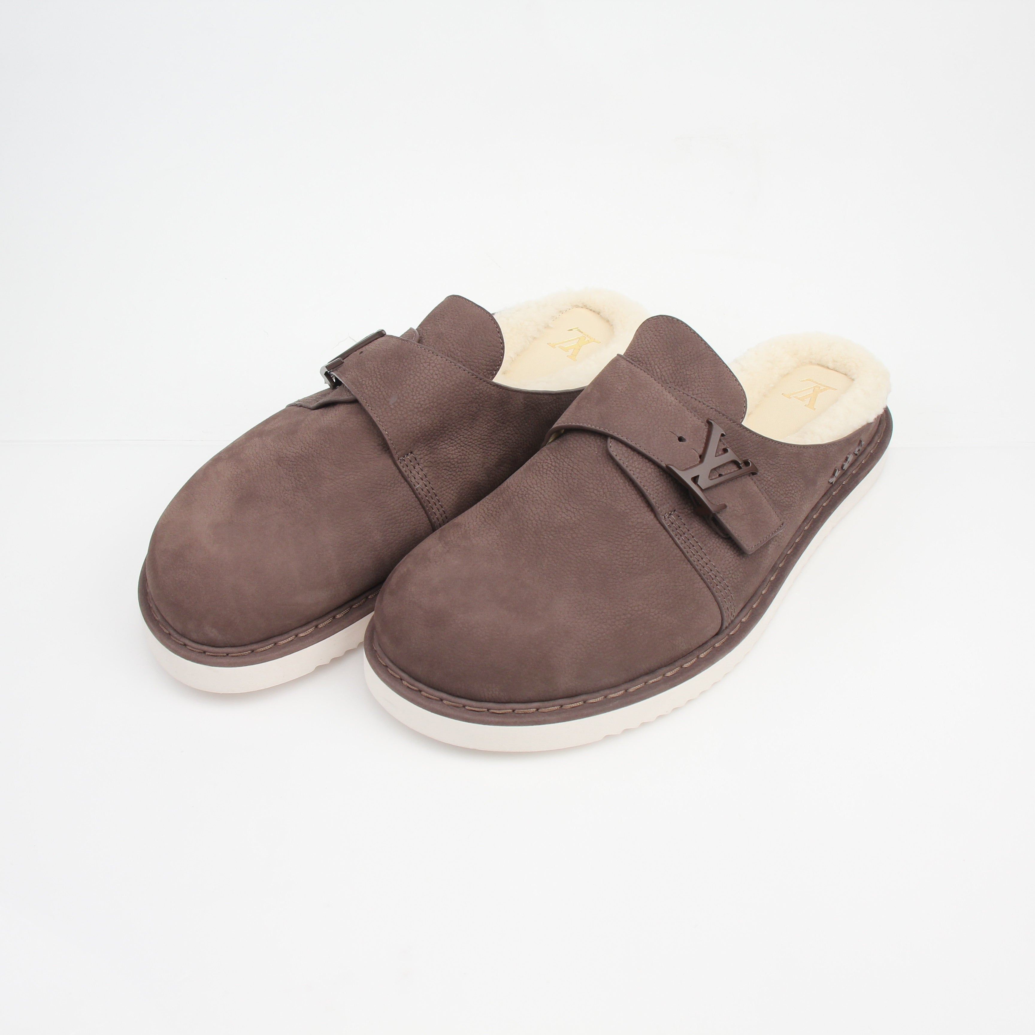 Louis Vuitton Brown Suede LV Buckle Mules