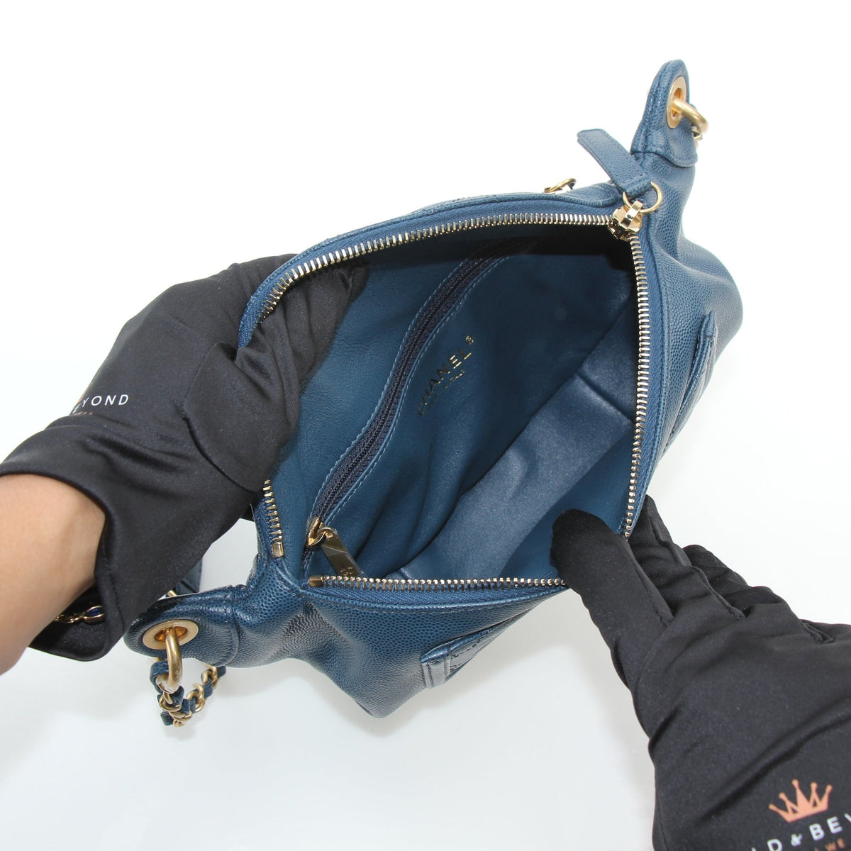 Chanel Blue Caviar Leather CC Filigree Waist Bag, Gold & Beyond handbag viewed from the front