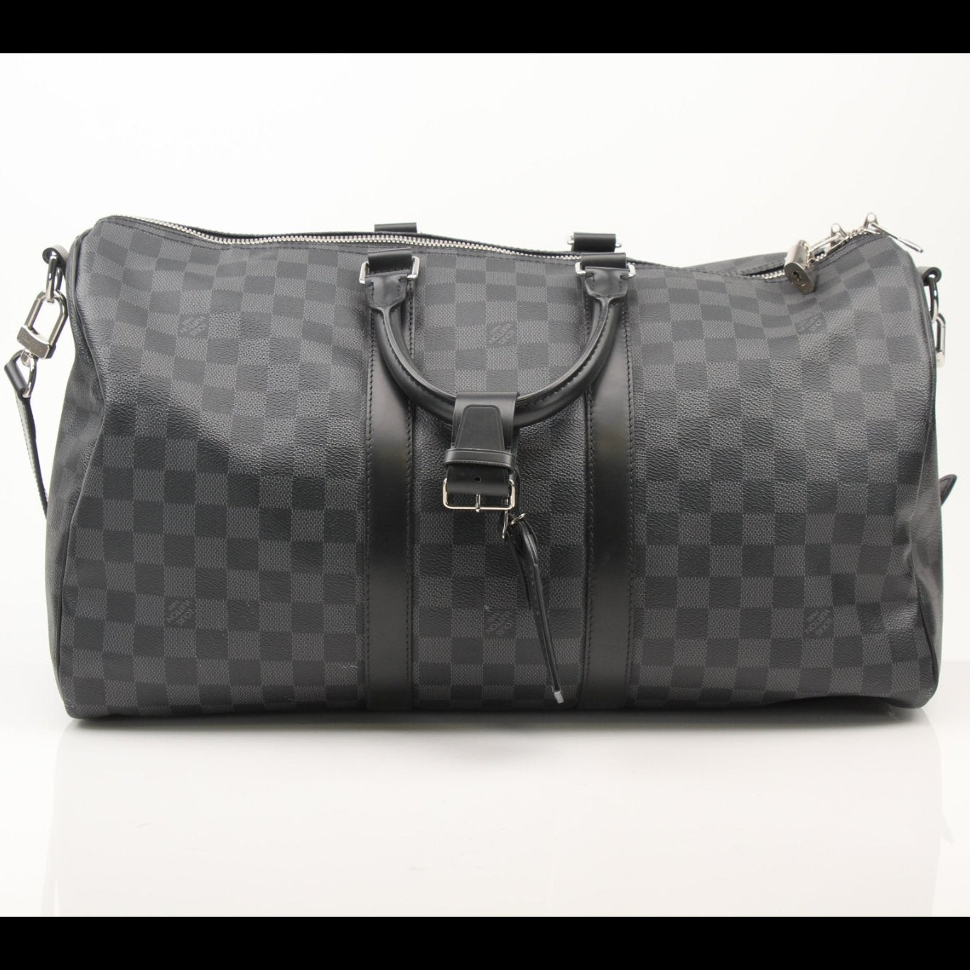 Gold & Beyond Louis Vuitton Keepall 45 travel duffle bag with leather trim and adjustable strap, shown in a close-up image.