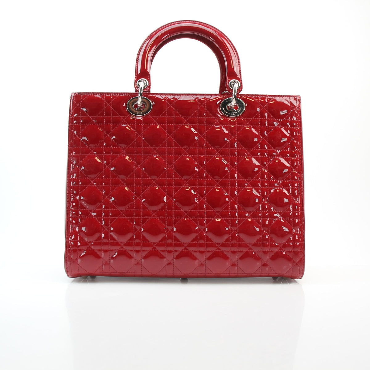 Christian Dior red patent leather large Lady Dior handbag with quilted design and gold-tone hardware