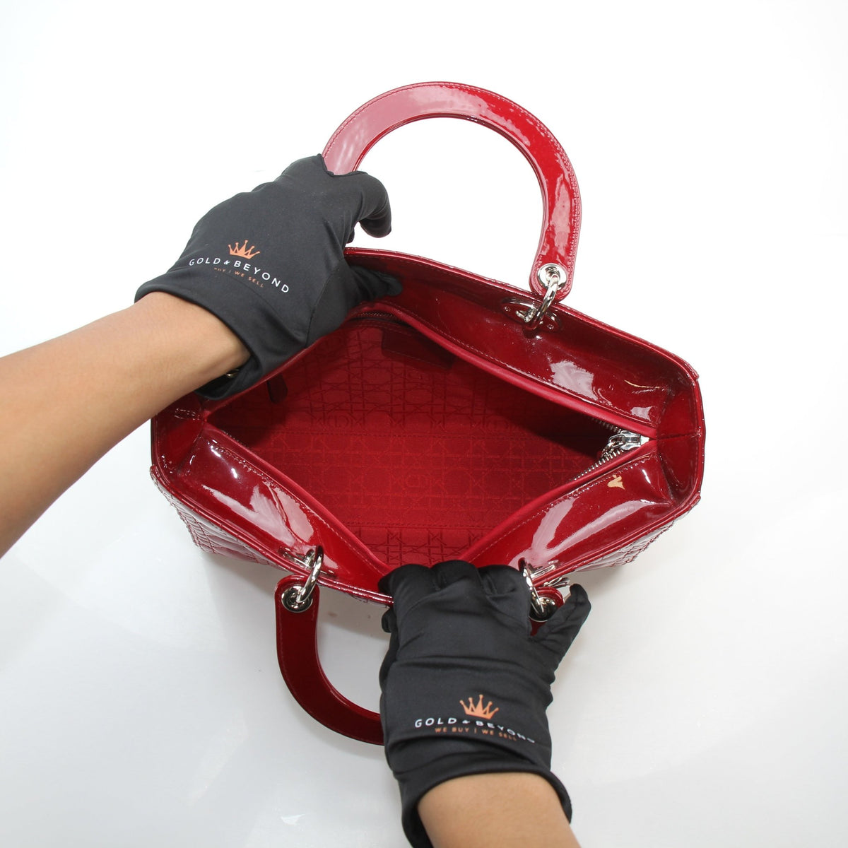Christian Dior red patent leather large Lady Dior handbag by Gold & Beyond with quilted design and top handles