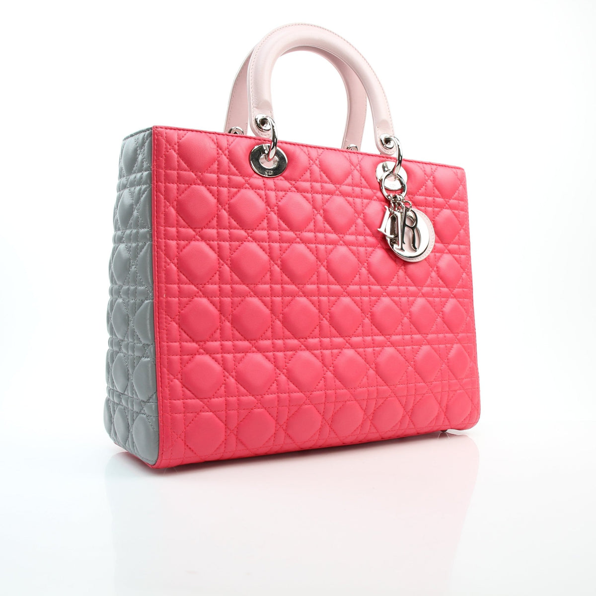 Christian Dior tricolor lambskin large Lady Dior handbag with quilted texture and structured top handles