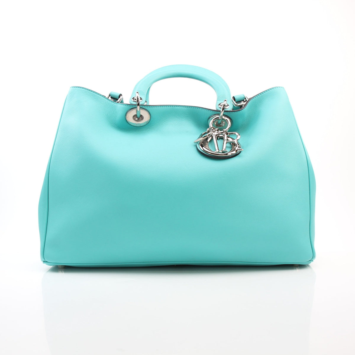 Christian Dior turquoise calfskin large Diorissimo tote handbag, structured silhouette with top handles