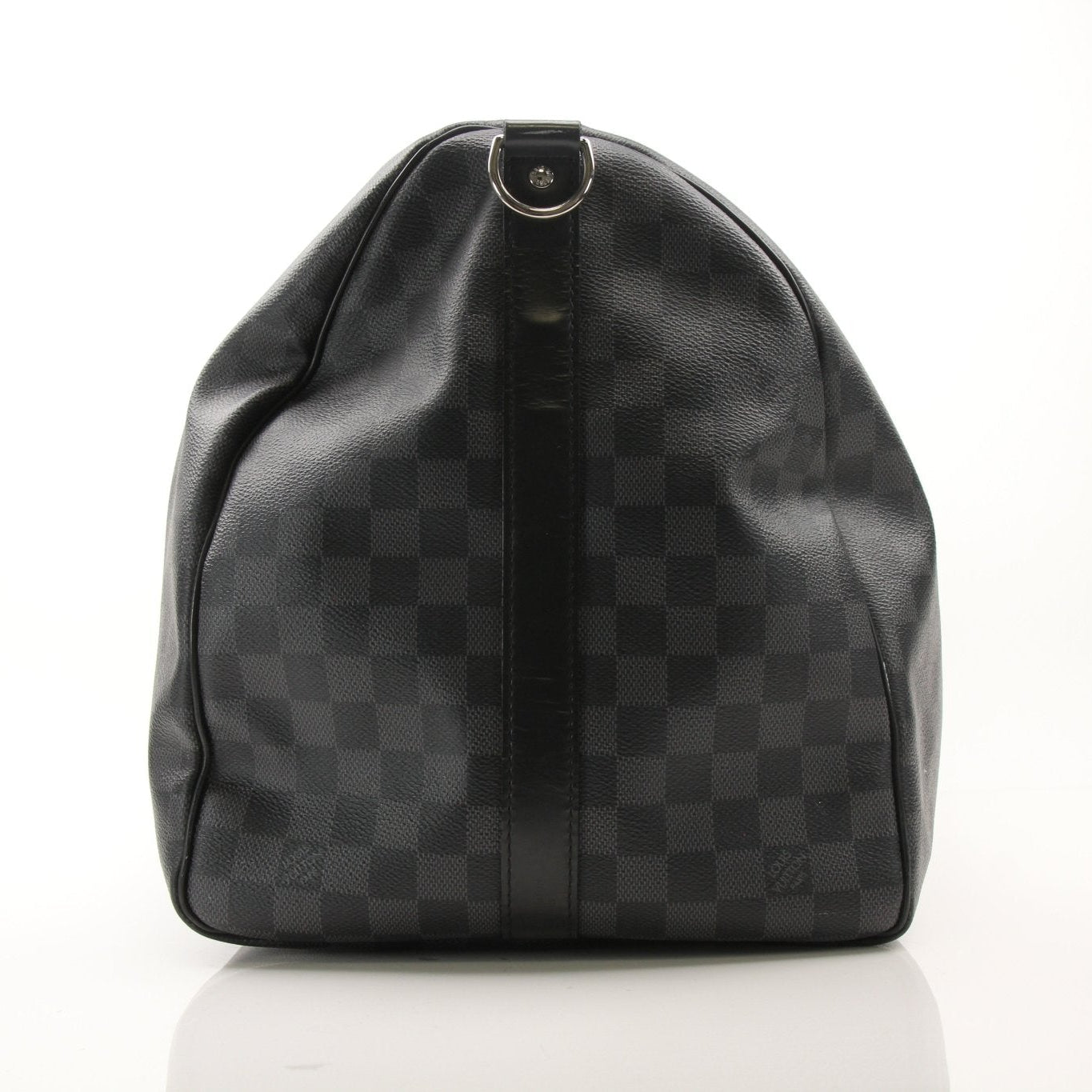 Gold & Beyond Louis Vuitton Keepall 55 Bandoulière travel bag, black canvas with leather trim and shoulder strap, front view.