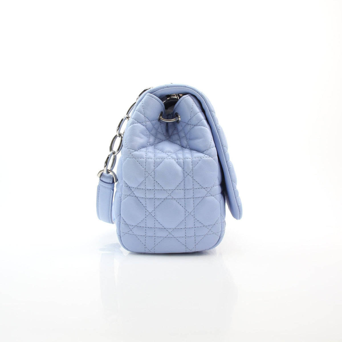 Christian Dior Light Blue Lambskin Medium Cannage Soft Flap Bag handbag with quilted texture and chain strap