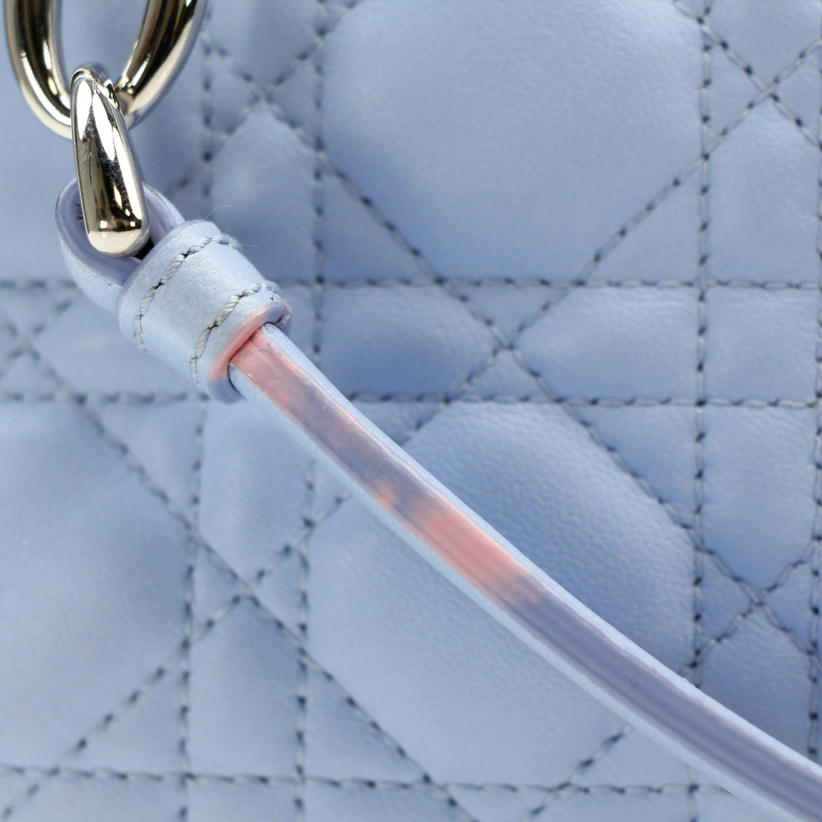 Christian Dior Light Blue Lambskin Medium Cannage Soft Flap Bag handbag with quilted texture and chain strap