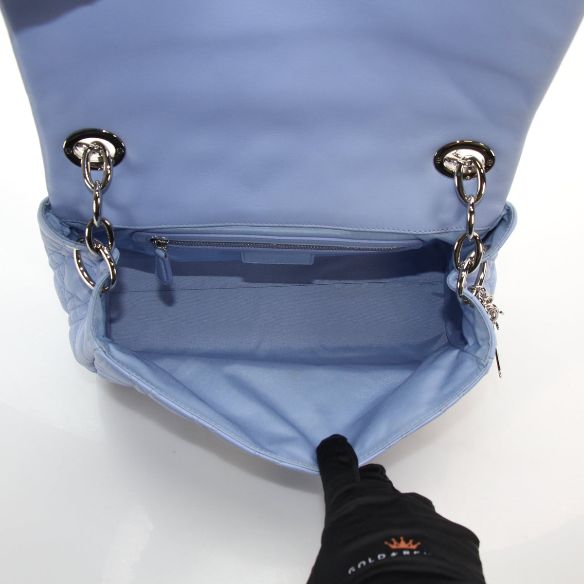Christian Dior light blue lambskin medium Cannage soft flap handbag with quilted texture and chain strap
