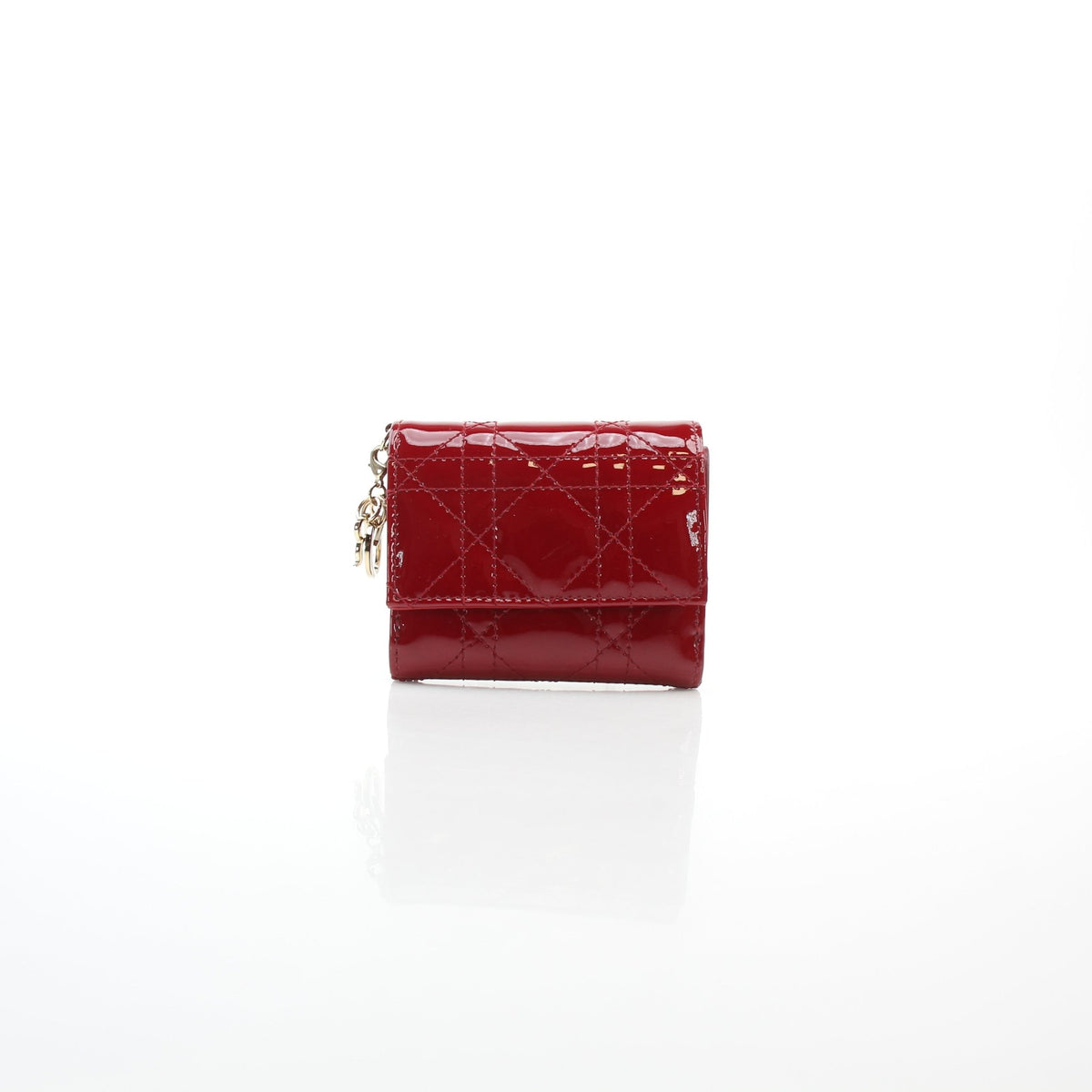 Christian Dior Red Lady Dior Lotus wallet by Gold & Beyond, featuring a compact quilted design with gold-tone hardware