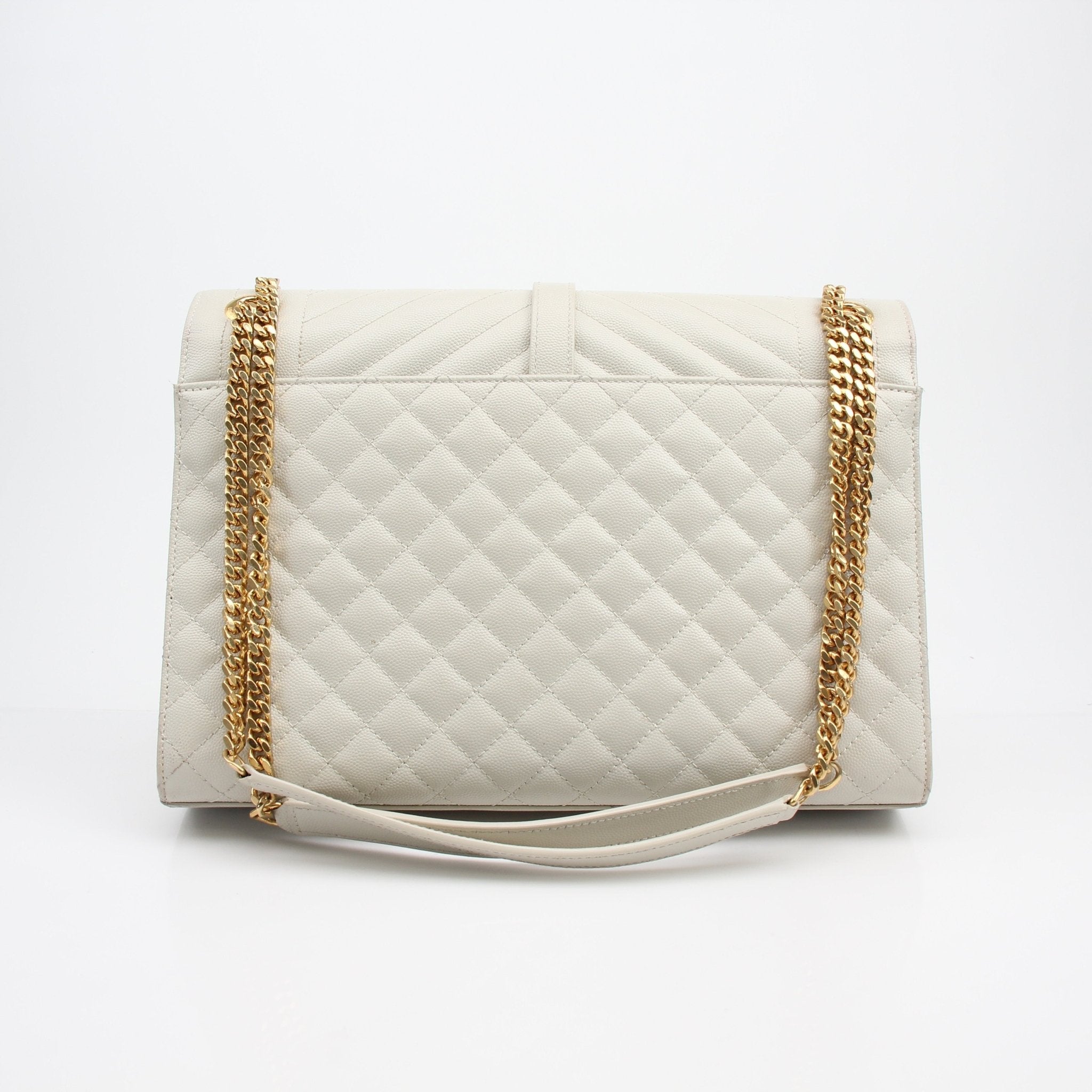 Gold & Beyond Saint Laurent Classic Monogram Large Envelope Satchel handbag with gold hardware and large monogram design.