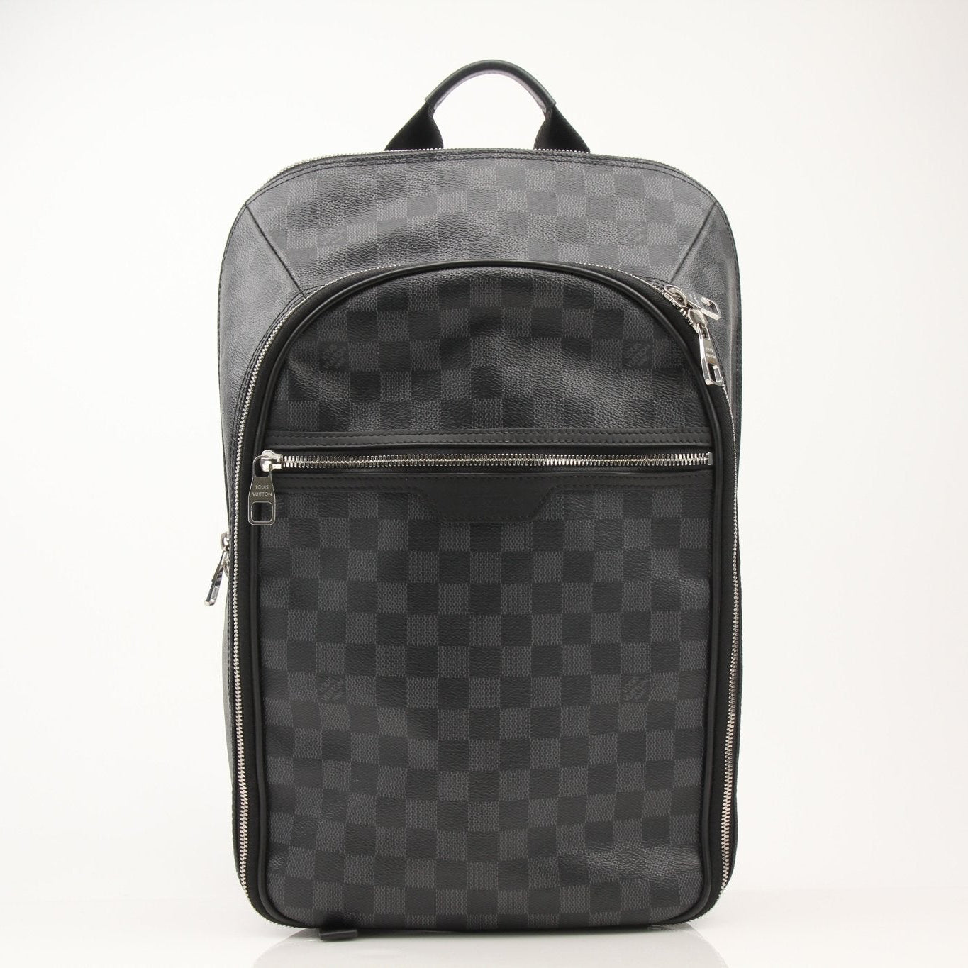 Louis Vuitton Michael backpack in black travel bag with leather accents, featuring multiple compartments and adjustable straps.