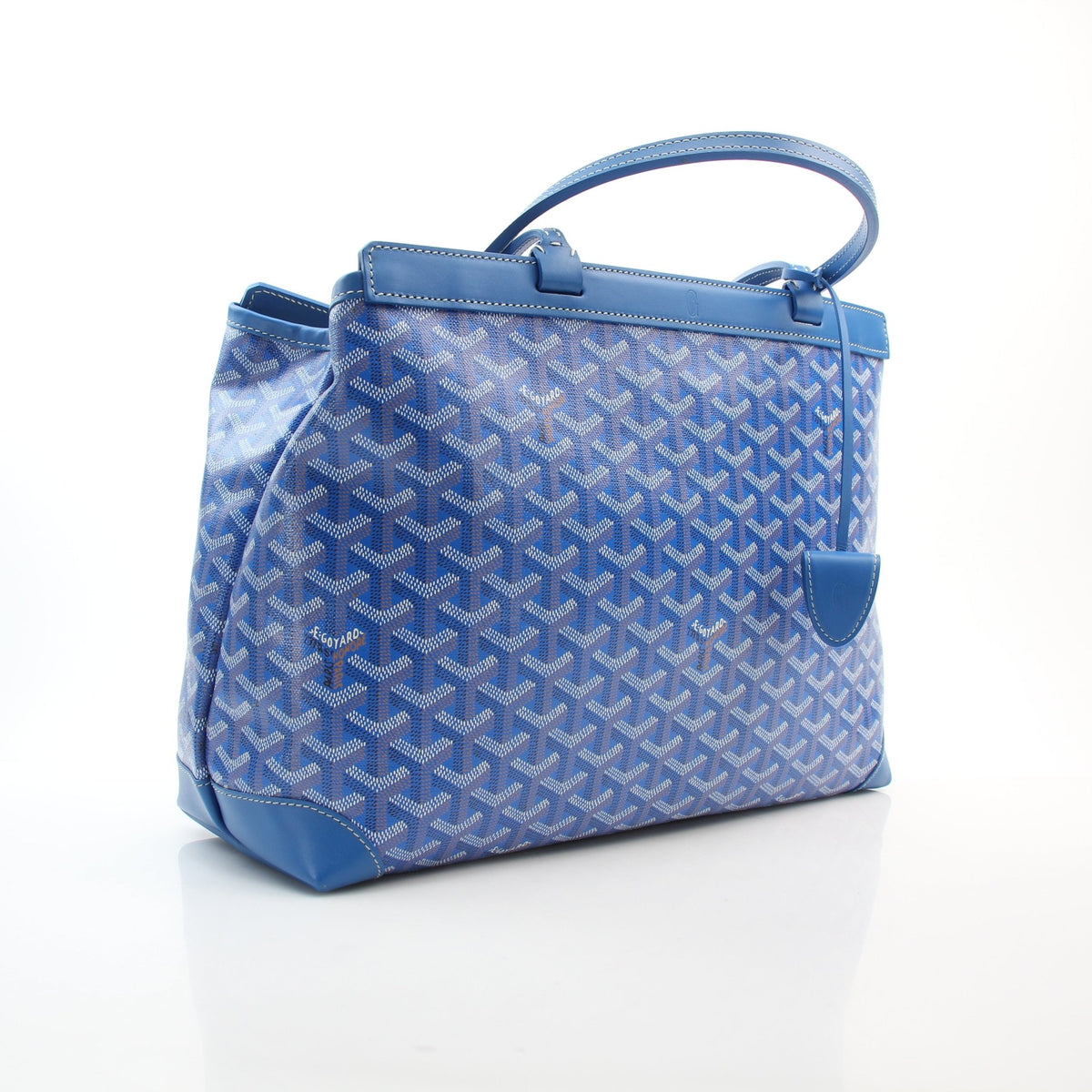 Blue Goyardine canvas MM tote handbag by Gold & Beyond with structured silhouette and top handles