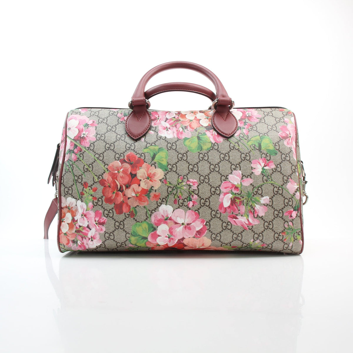 Gucci beige GG Supreme Blooms floral PM Boston handbag with brown leather trim and top handles