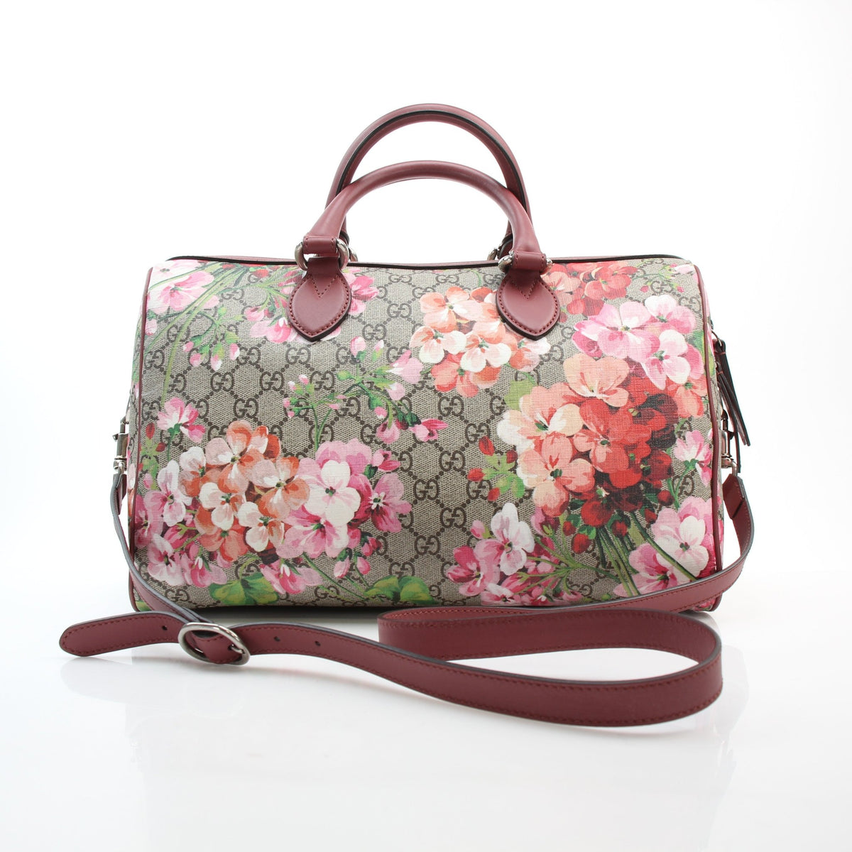 Gucci Beige GG Supreme Blooms Floral PM Boston handbag with brown leather trim and top handles