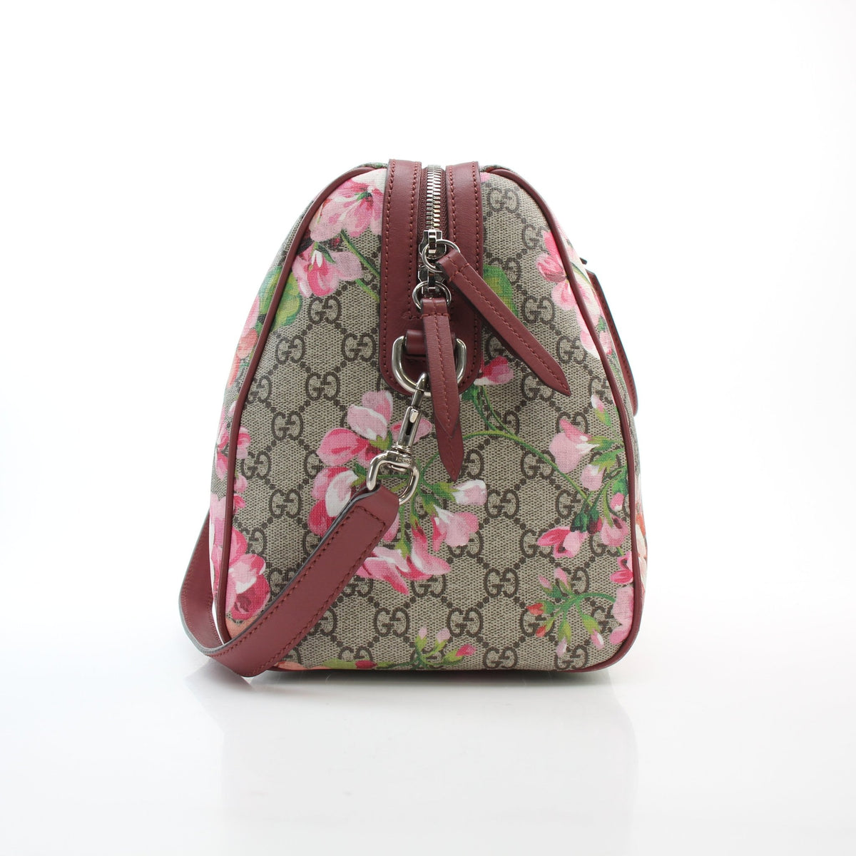 Gucci Beige GG Supreme Blooms Floral PM Boston handbag with brown leather trim and dual handles