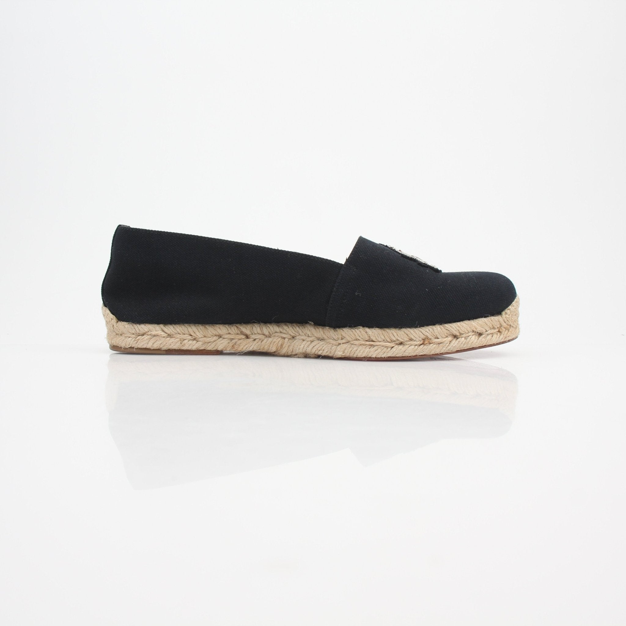 Christian Louboutin embroidered crest canvas espadrille flats featuring detailed crest embroidery and casual canvas design.