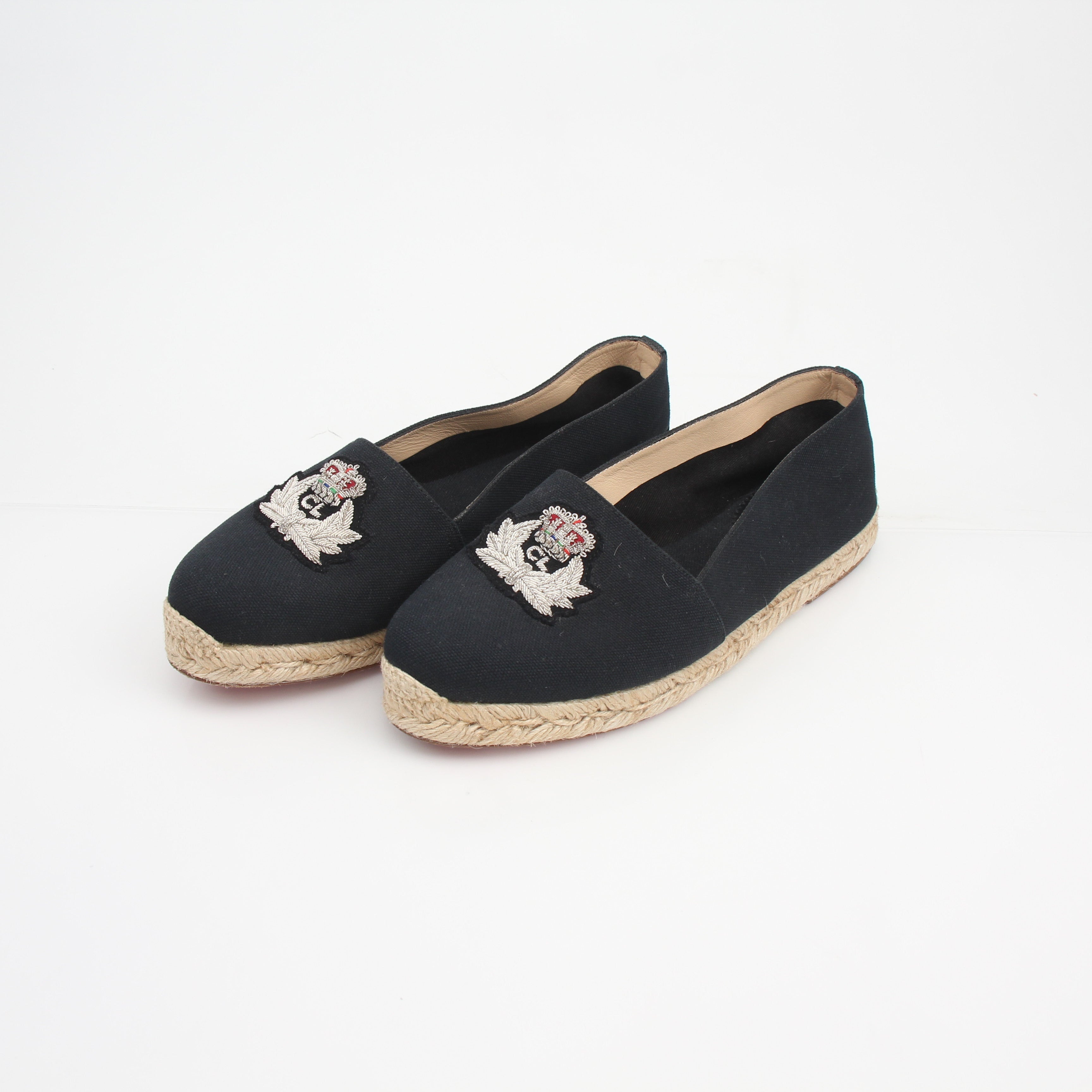 Christian Louboutin Embroidered Crest Canvas Espadrille Flats
