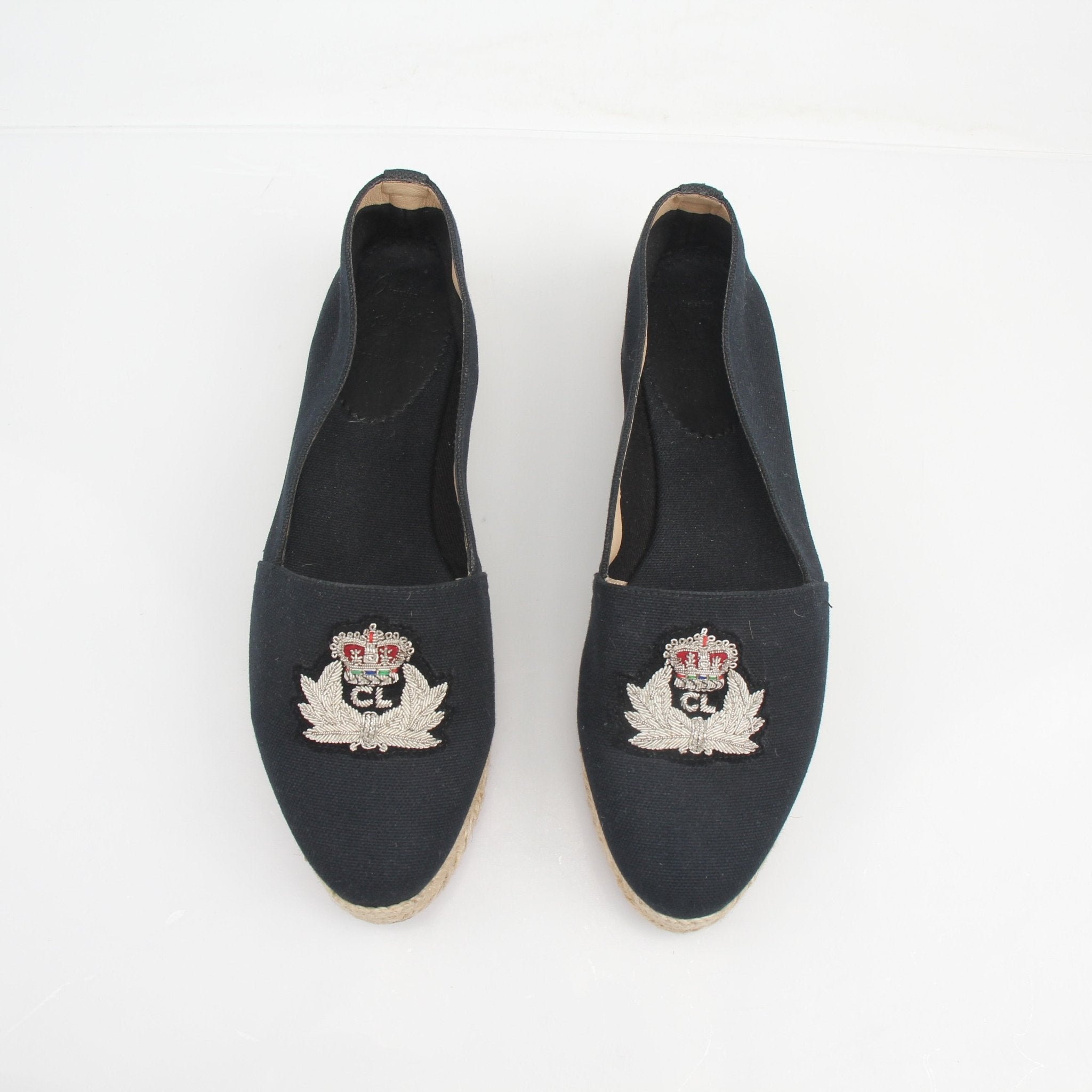 Christian Louboutin embroidered crest canvas espadrille flats with beige rope sole and colorful crest embroidery, casual shoe for women.