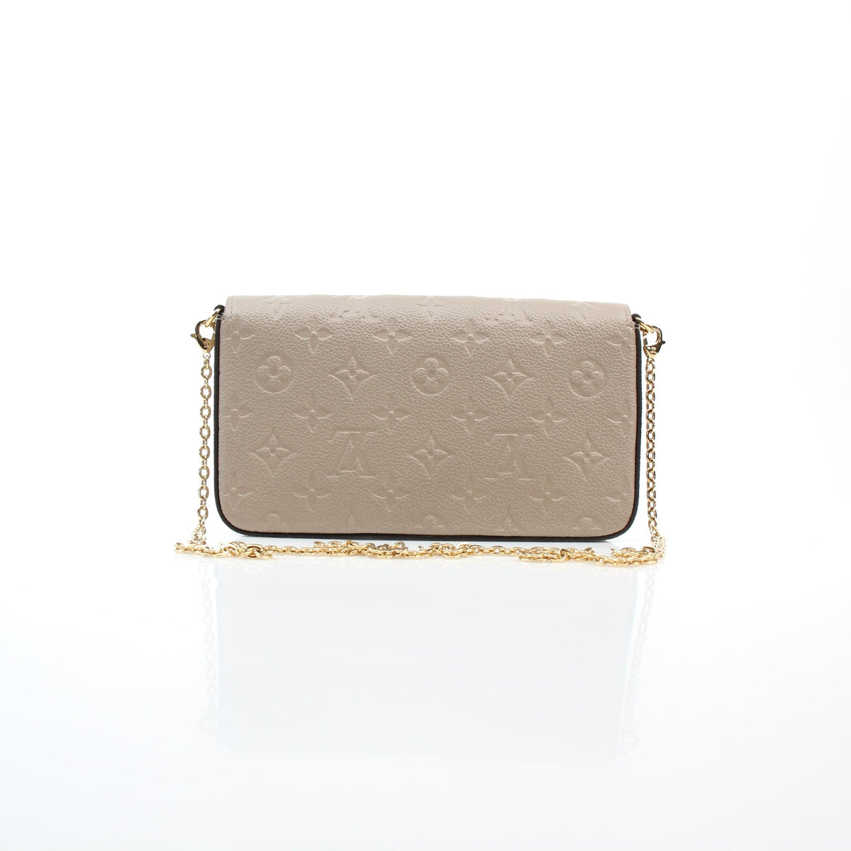 Beige monogram leather wallet on chain with gold-tone hardware and chain strap