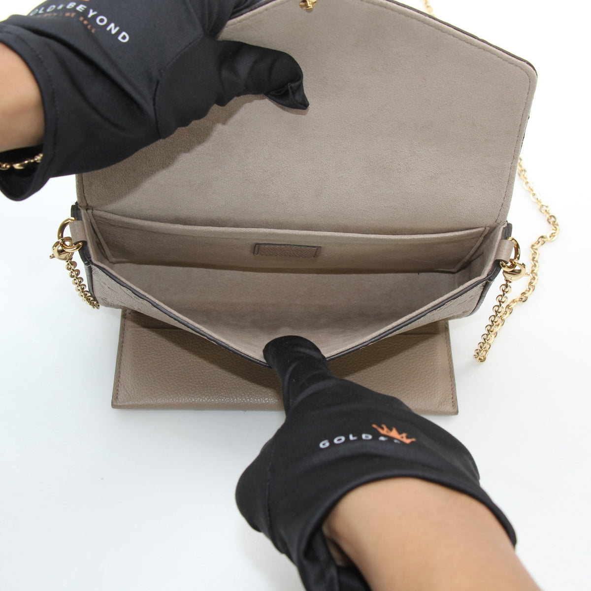 Beige monogram leather Félicie pochette wallet on chain by Louis Vuitton
