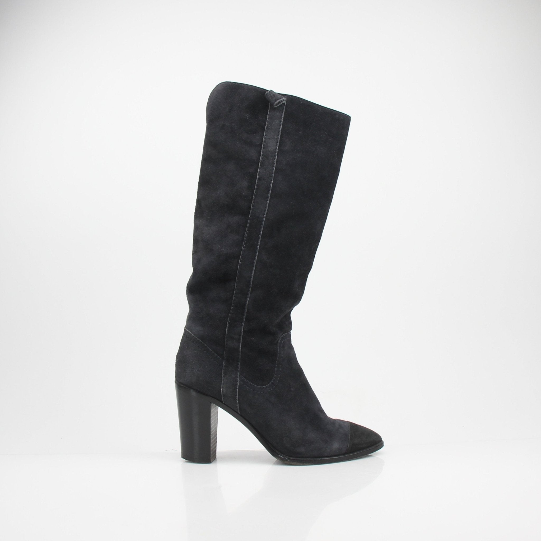 Gold & Beyond Chanel Cap Toe Knee High Suede Boots, elegant shoes with classic design and stylish cap toe detail.