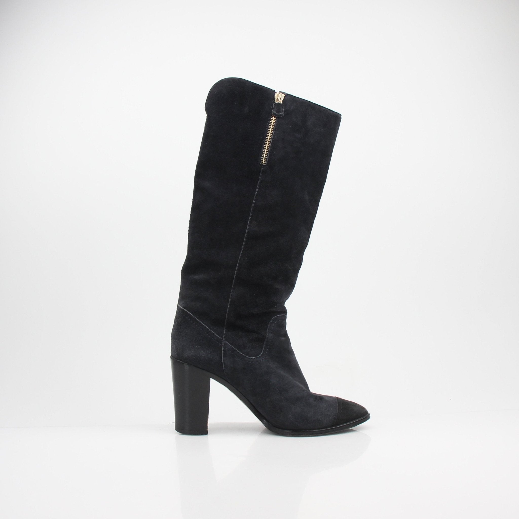 Gold & Beyond Chanel Cap Toe Knee High Suede Boots shoes with sleek design and elegant silhouette.