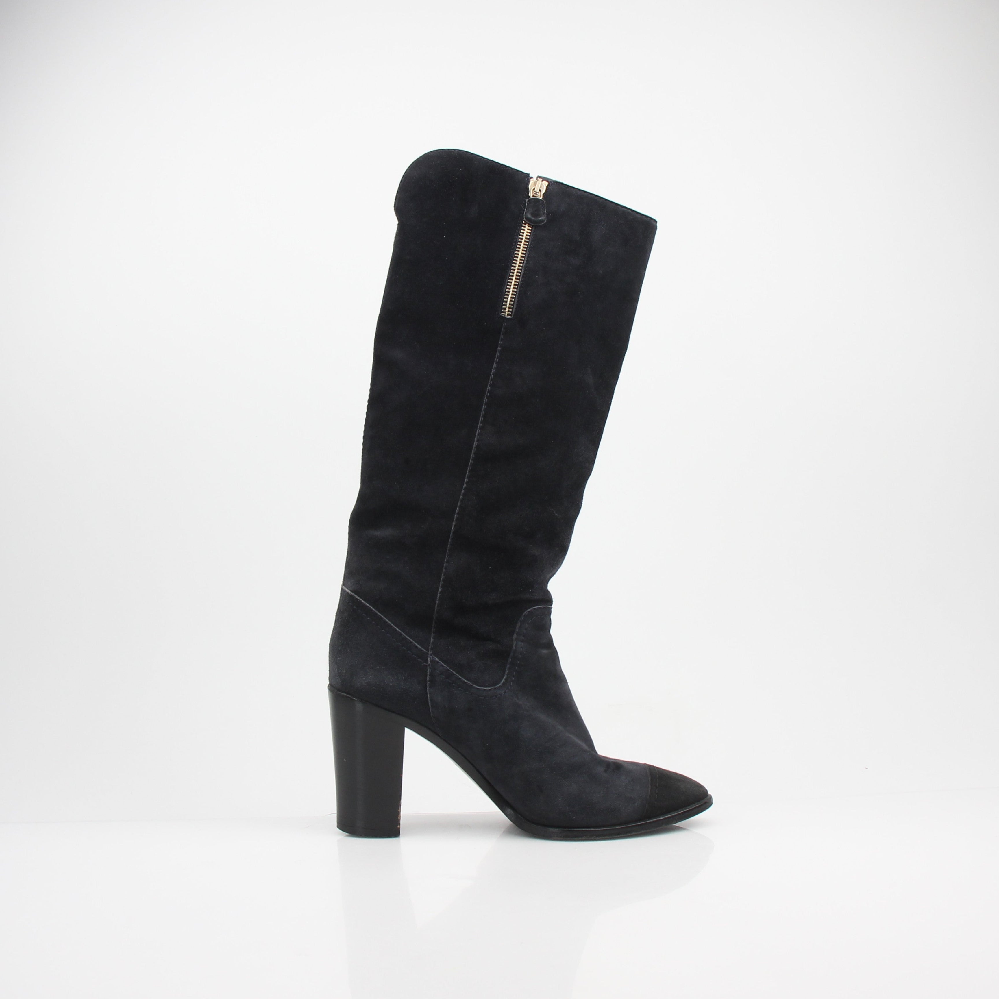 Chanel Cap Toe Knee High Suede Boots