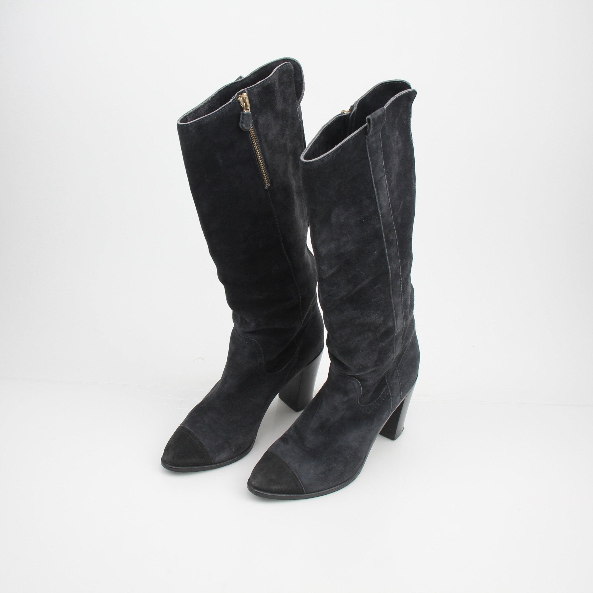 Gold & Beyond Chanel Cap Toe Knee High Suede Boots, stylish shoes with a sleek design and classic cap toe detail.