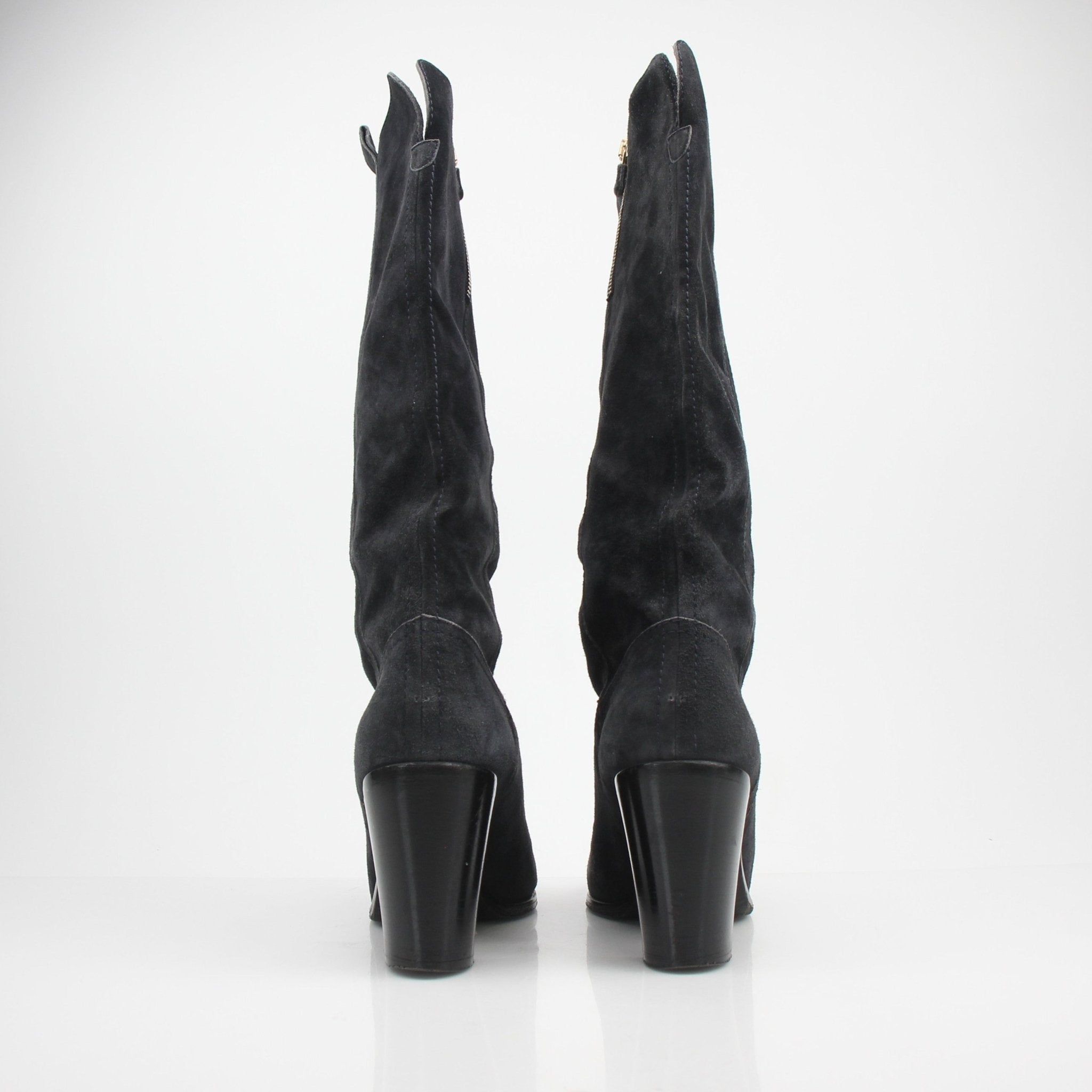 Gold & Beyond Chanel Cap Toe Knee High Suede Boots, stylish shoes with a sleek design and pointed toe, in a rich suede finish.