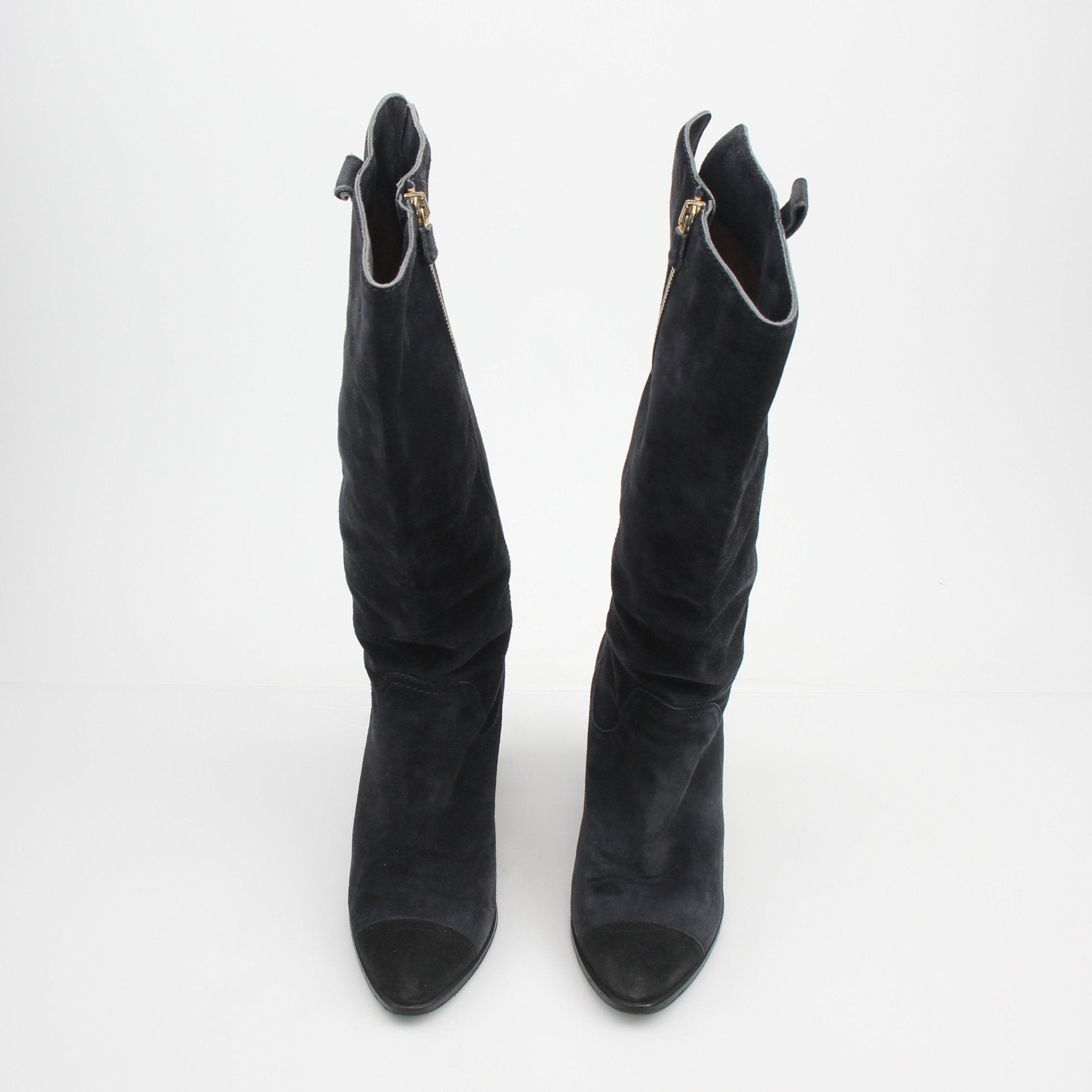 Gold & Beyond Chanel cap toe knee-high suede boots, stylish shoes with elegant design and classic silhouette.