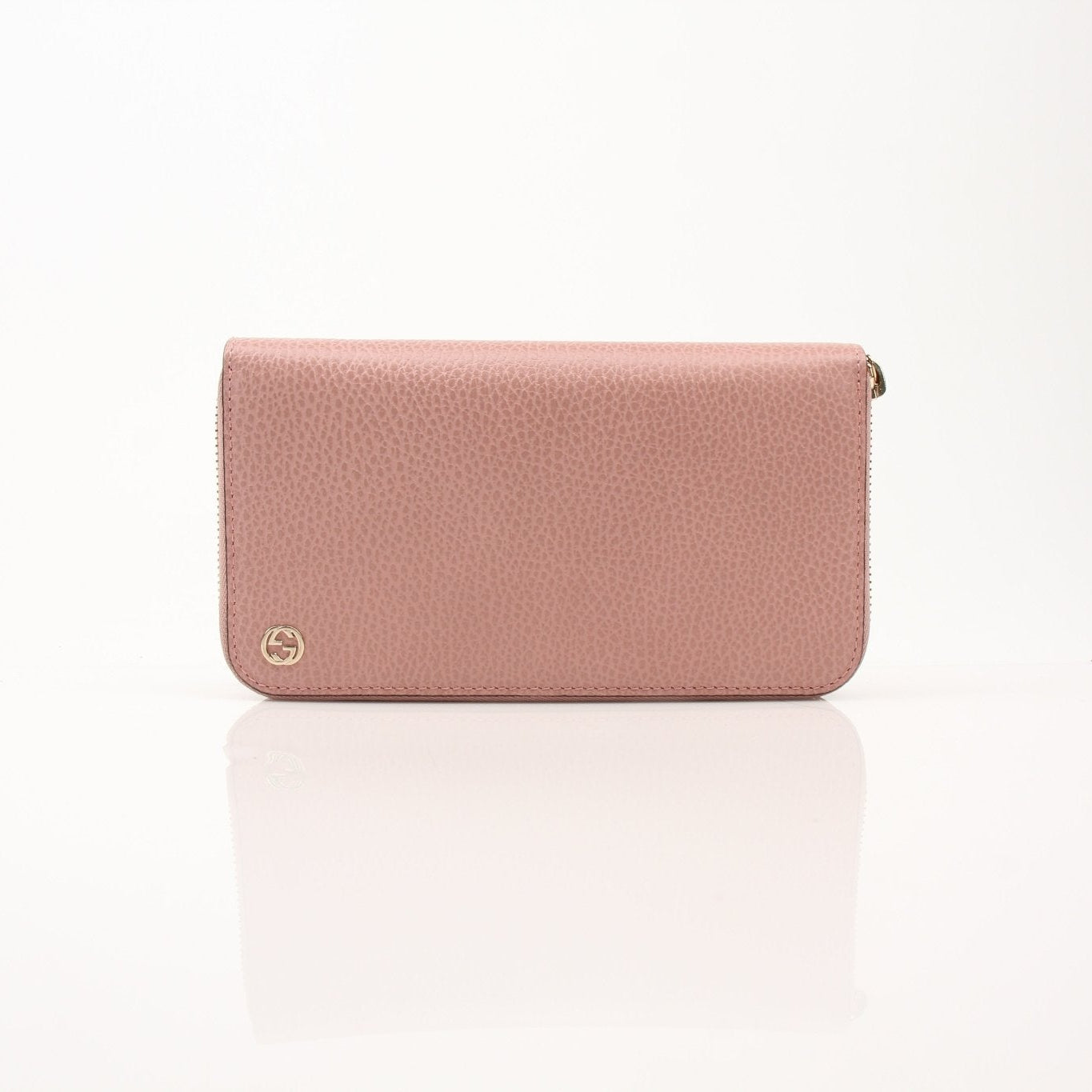 Gucci GG Logo Zip Continental Wallet in black leather with gold GG logo and zip closure, by Gold & Beyond.