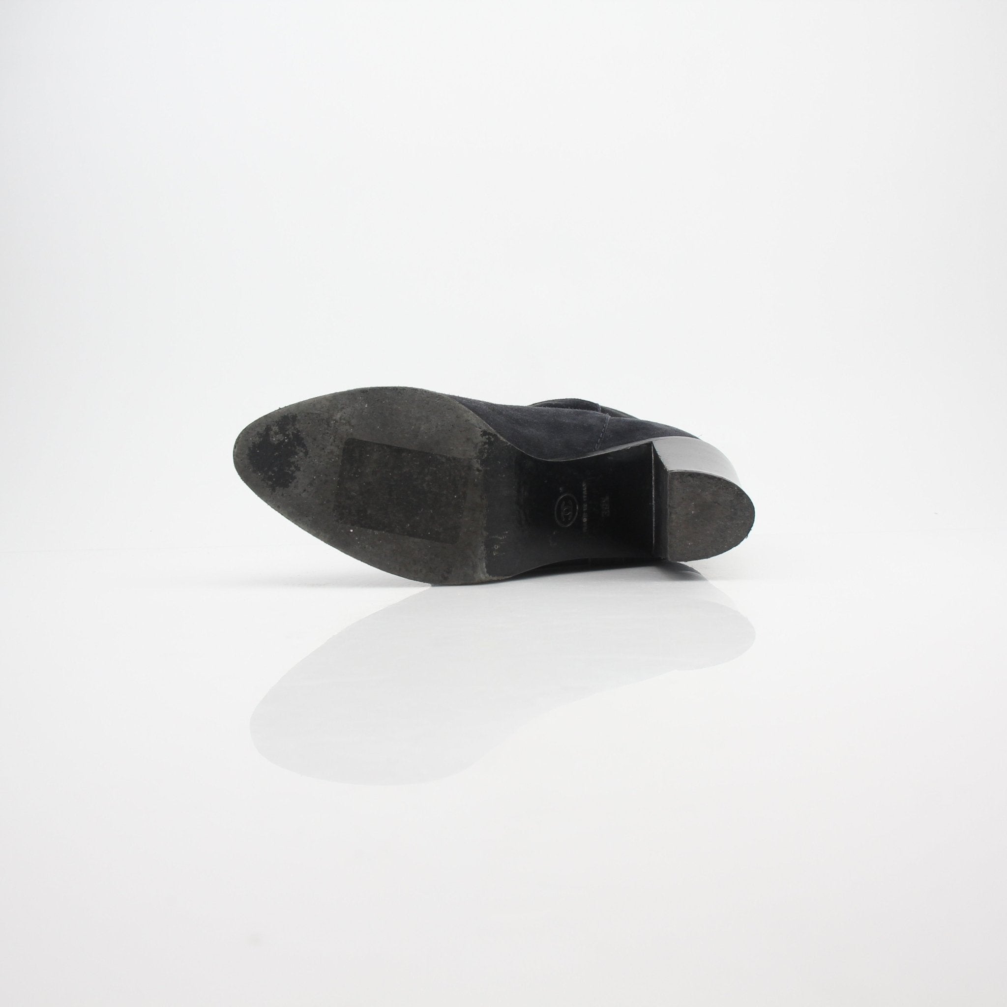 Gold & Beyond Chanel cap toe knee-high suede boots, stylish shoes with a sleek design and elegant suede finish.