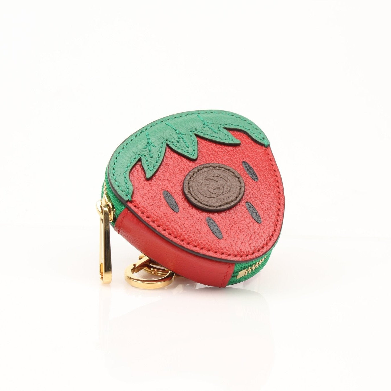 Gold & Beyond Gucci Fruitini zip coin pouch wallet with colorful fruit print and gold-tone zipper detail.