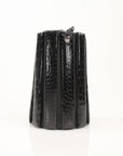 Salvatore Ferragamo stone crocodile bucket handbag with textured leather and structured design.