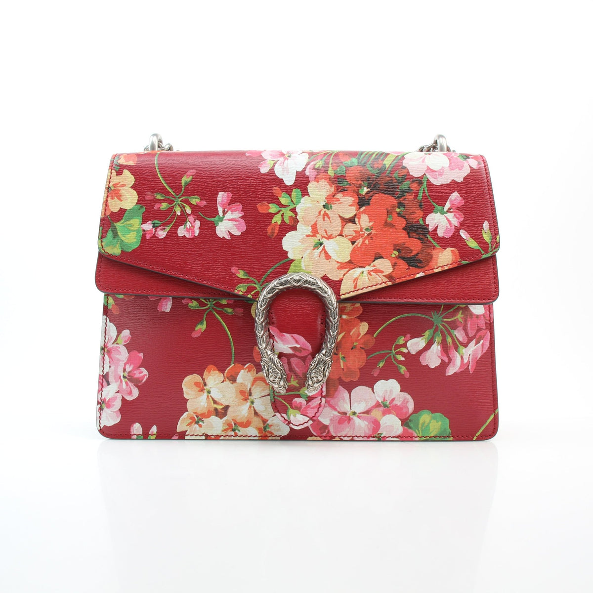 Gucci Red Blooms Leather Medium Dionysus shoulder bag with floral print and silver tiger-head clasp