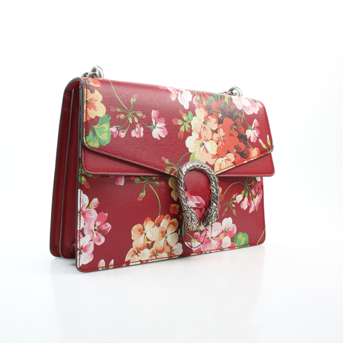 Red Blooms leather medium Dionysus shoulder bag by Gucci, featuring a structured silhouette and chain strap