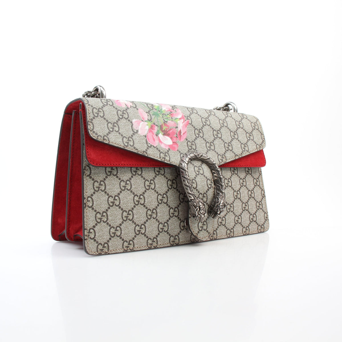 Gucci beige GG Supreme Blooms Medium Dionysus shoulder bag with tiger head clasp and sliding chain strap