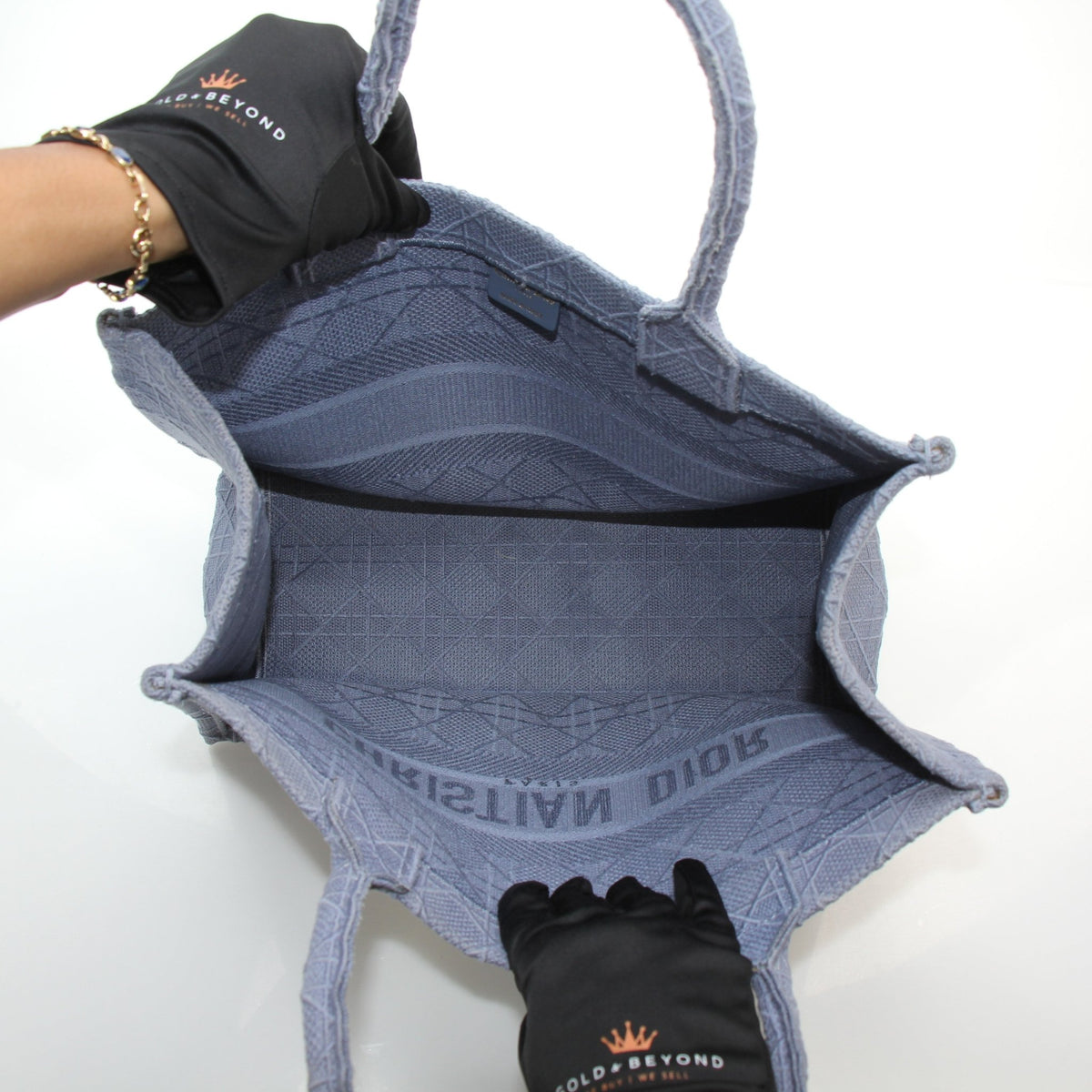 Christian Dior blue gray medium Macrocannage embroidered book tote handbag with structured handles