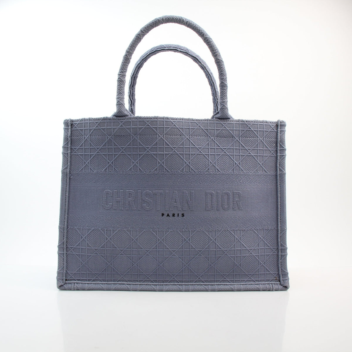 Christian Dior blue gray medium Macrocannage embroidered Book Tote handbag with structured handles and open top