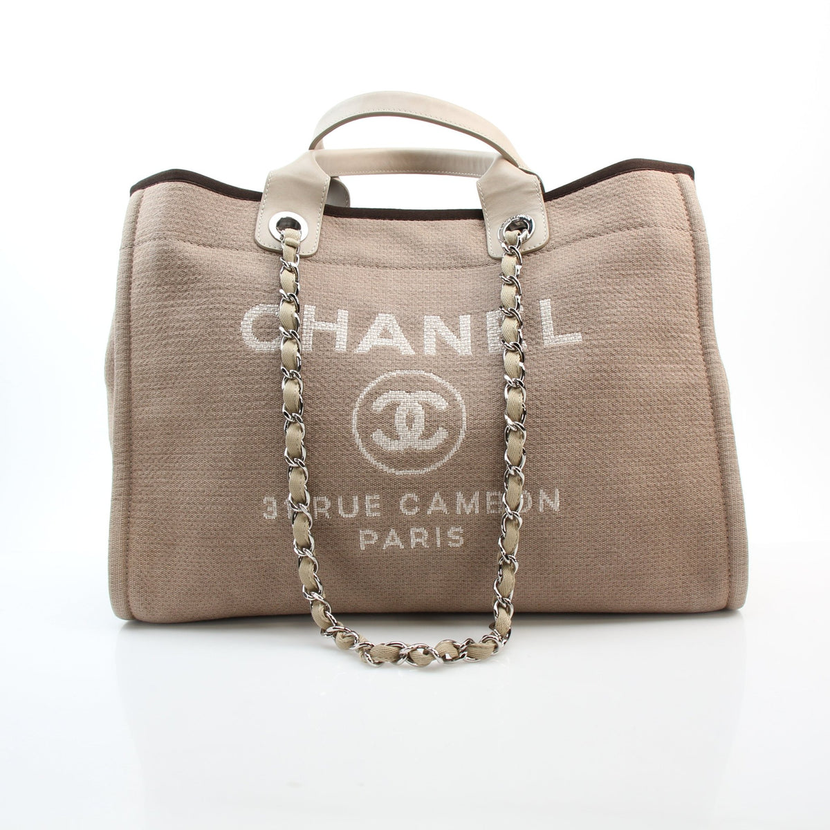 Chanel beige woven canvas Large Deauville shopping tote bag, front view with leather trim and shoulder straps