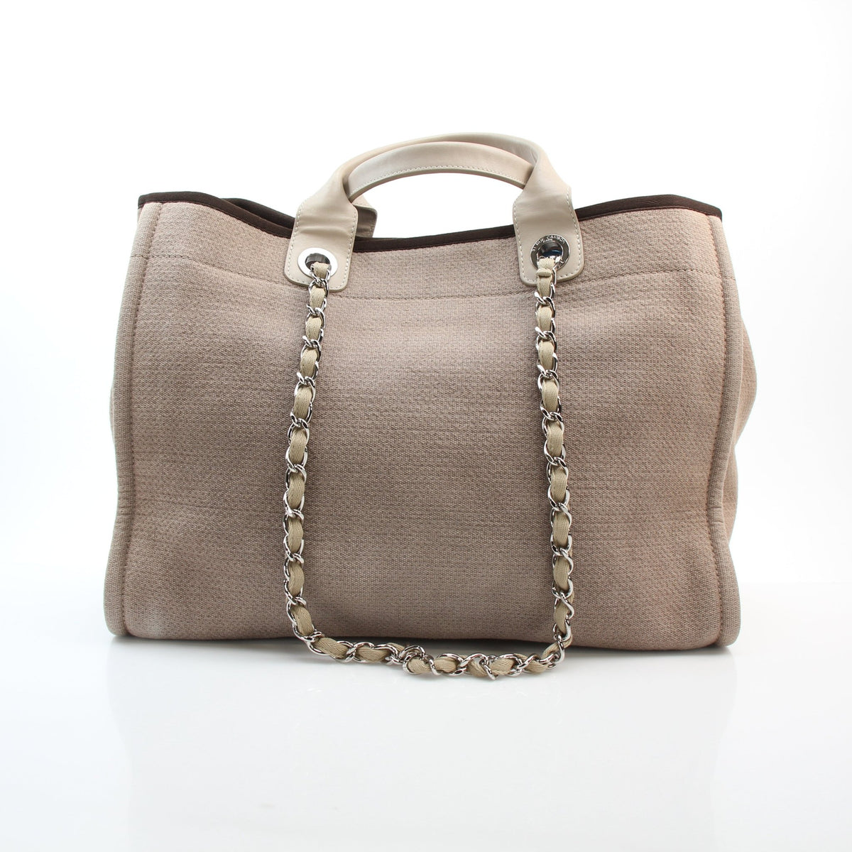 Chanel beige woven canvas large Deauville shopping tote bag with top handles and spacious interior