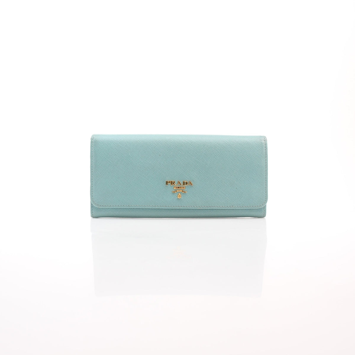 Prada light blue Saffiano leather metal flap envelope wallet close-up