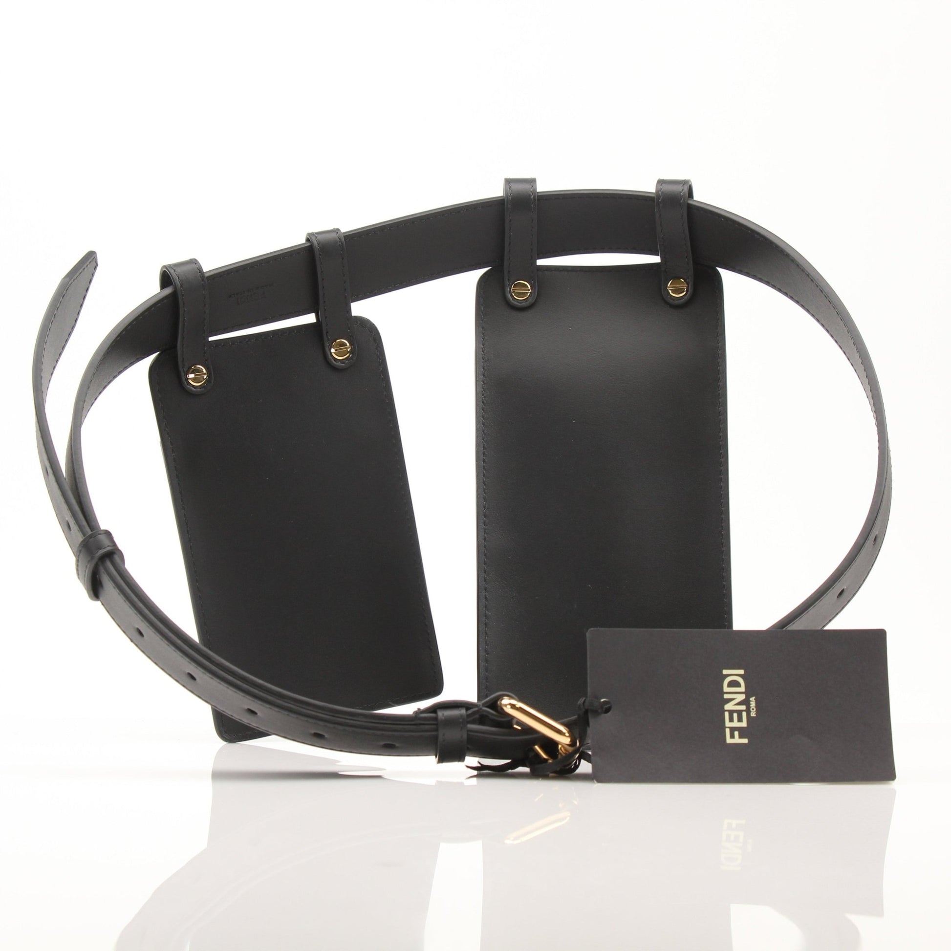 Fendi Double Pouch Belt Bag handbag with gold chain strap and black leather, stylish and compact accessory.